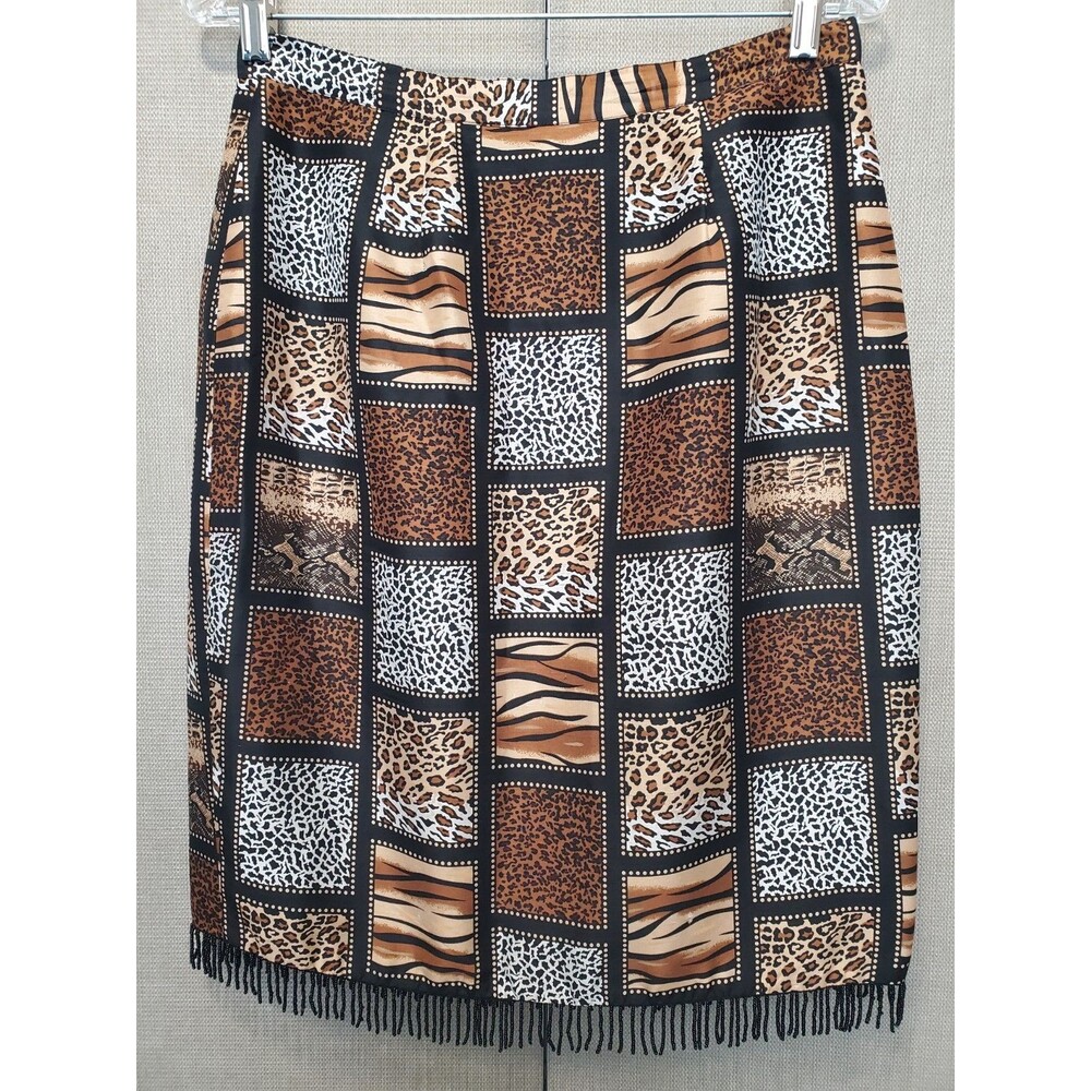 SILKLAND 100% Silk Patchwork Animal Print Beaded Fringe Pencil Skirt Size 10